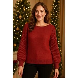 Tommy Bahama Shimmer Balloon Sleeve Bateau Sweater L Tango Red Metallic Wool NWT